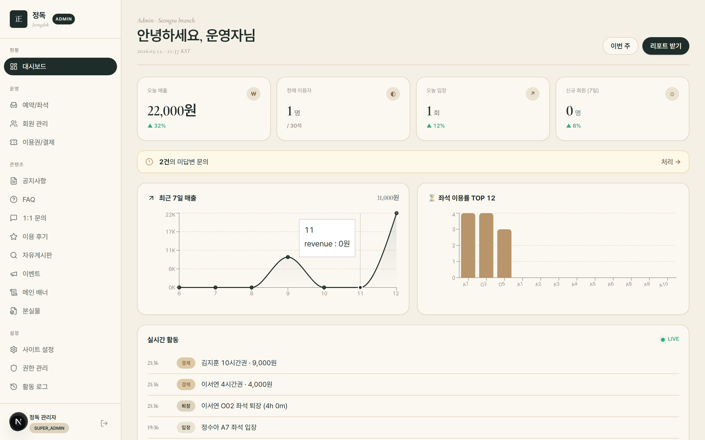 관리자 대시보드 데스크탑
