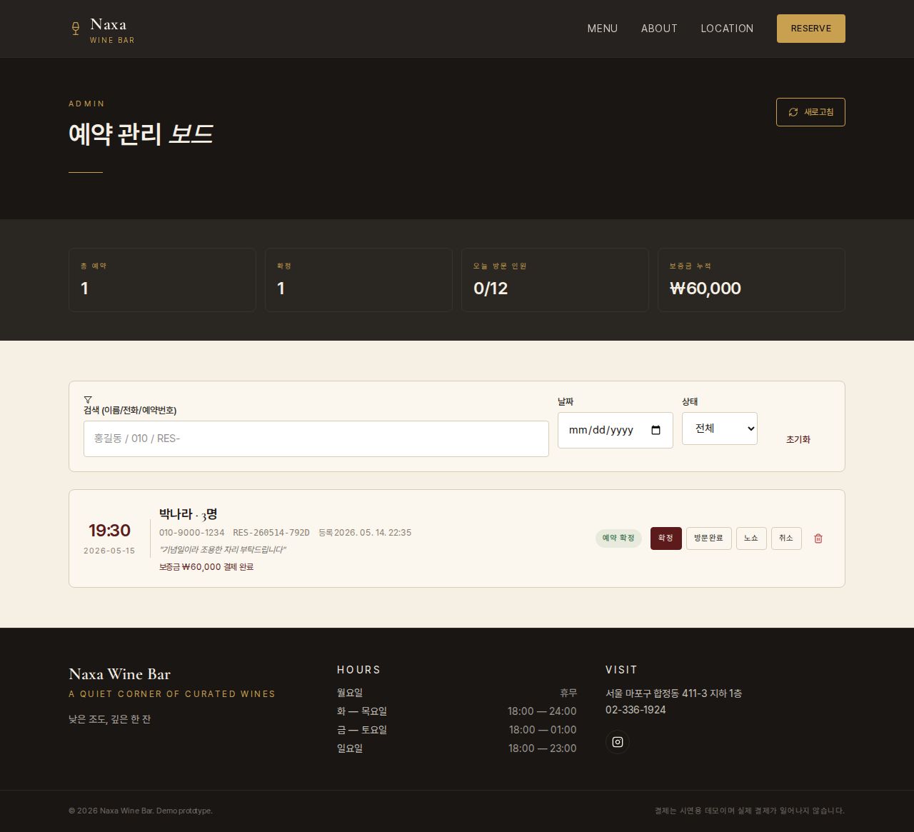 관리자 보드 — 예약이 등록된 상태